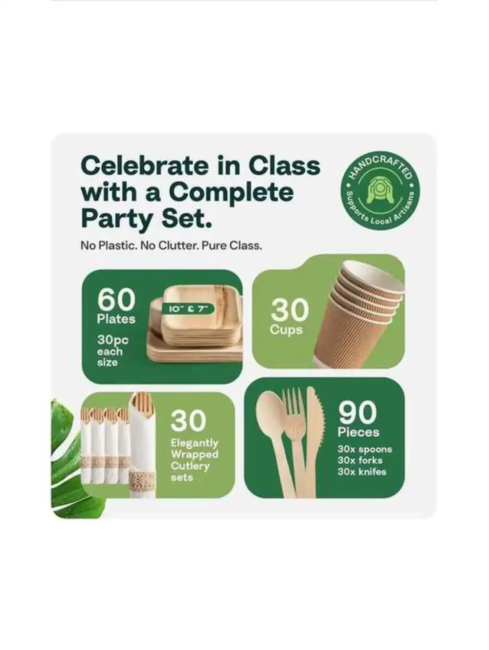 Eco-Friendly Palm Leaf Bamboo Plates & Cutlery Party Set - New in Box